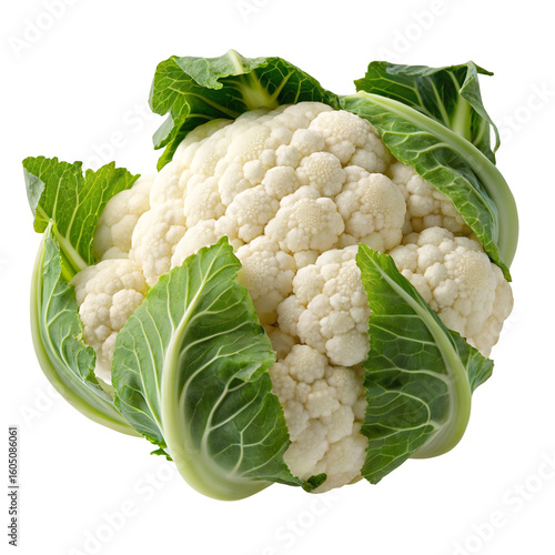 Fresh cauliflower with vibrant green leaves isolated on white background perfectly captured