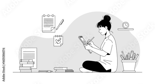Creative Workspace With Young Woman Drawing In Her Minimalist Sketchbook