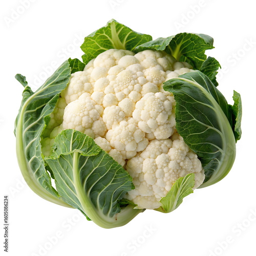 Fresh cauliflower with bright green leaves isolated on white background for healthy food concept