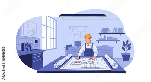 Architectural Blueprint Design In The Office Work Of A Draftsman Constructor