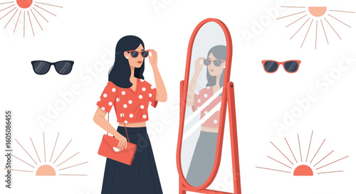Elegant Woman Tries On Sunglasses In The Mirror Preparing For Summer