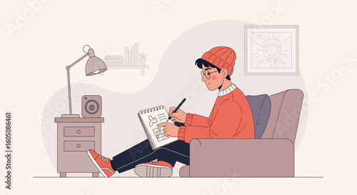 Creative Young Man Sketching On The Comfortable Sofa At Home Interior