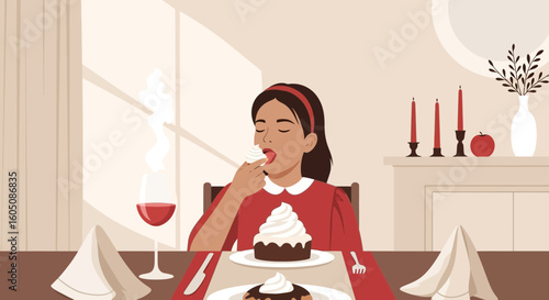 Elegant Young Woman Enjoys a Delicious Cake and Wine at Dinner Time