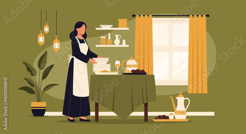 Arranging Table For Iftar Meal During Ramadan Celebration At Home