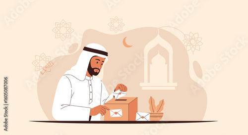 Emirati Man Giving Alms In Ramadan For Zakat Or Charity Offering