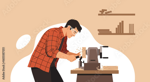 Artisan Working With Precision On Woodturning Lathe In Workshop Illustration