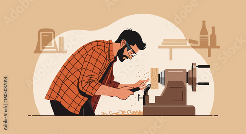 Artisan Woodworking Craftsmanship Man Using Wood Lathe For Shaping And Creating