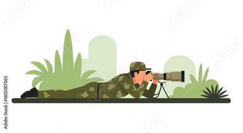 Crouched Camouflage Professional Photographer Capturing Wildlife In Natural Environment