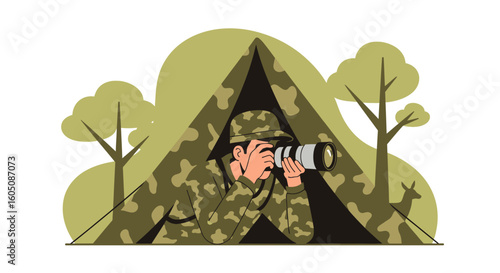 Crouched Camouflage Photographer Capturing Wildlife From a Tent in The Forest