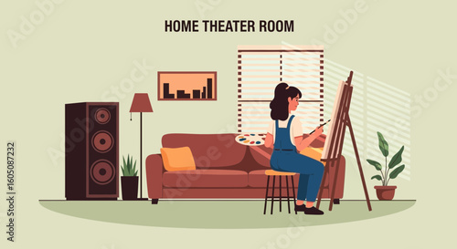 Artist Creating Artwork In Cozy Living Room With Home Theater System
