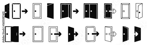 Collection of door opening and closing icons in various styles with arrows indicating direction
