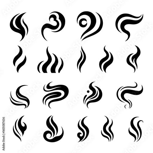 Collection of sixteen stylized black smoke or steam designs with varying shapes and orientations on white
