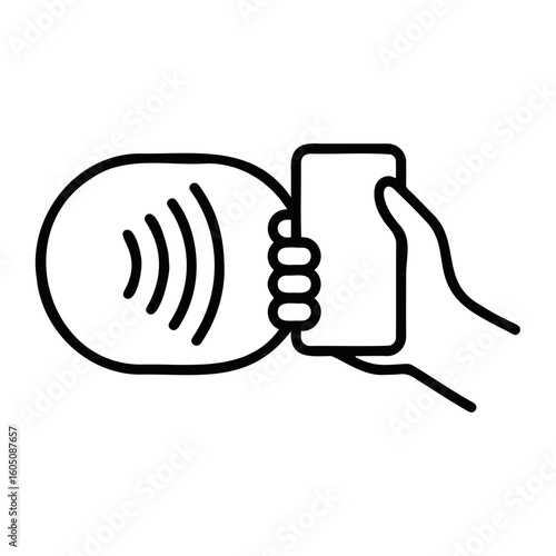 Hand holding a phone near a contactless payment symbol indicating wireless communication technology usage