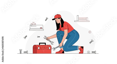 Empowered Mechanic Woman Fixing and Repairing with Her Toolbox Tools