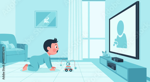 Curious Baby Exploring The World Watching Tv With Modern Interior Background