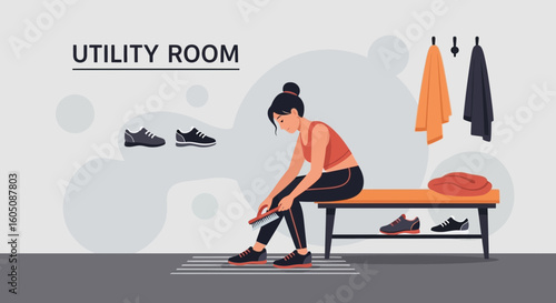 Athlete Preparing Before The Exercise Session In The Utility Room With Shoe Brush