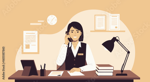 Attentive Businesswoman Answers Phone Calls At Office Desk Professionally