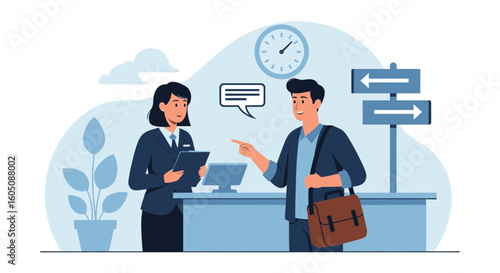 Customer Asking Questions To Receptionist About Travel Destinations And Schedules