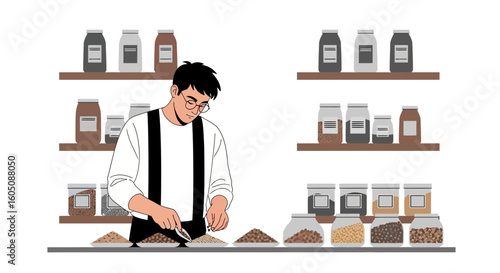 Attentive Man Sorting Ingredients In A Zero Waste Organic Grocery Shop