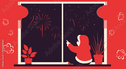 Enchanting Evening Celebrations Child Gazing At Dazzling Fireworks Display From Window