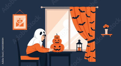 Child In A Ghost Costume Puts Together Carved Pumpkins In A Spooky Room