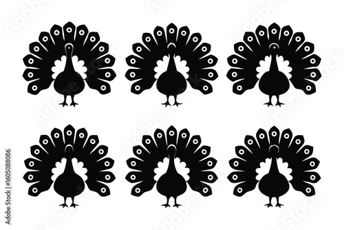 Collection of silhouetted pigeons in various poses demonstrating different bird anatomy and stance