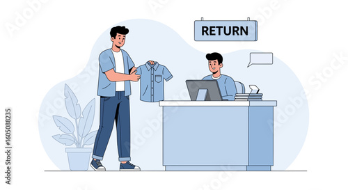 Customer Returns Shirt To Store Employee At Service Desk For Refund