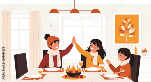 Children Celebrating Thanksgiving Day During Autumn Season At Home Together