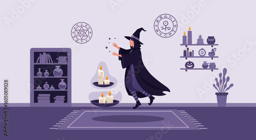 Enchanting Witch Casting a Spell in a Mystical Interior Illustration