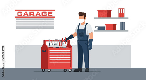 Auto Mechanic With Toolbox In A Garage Setting Wearing Protective Mask