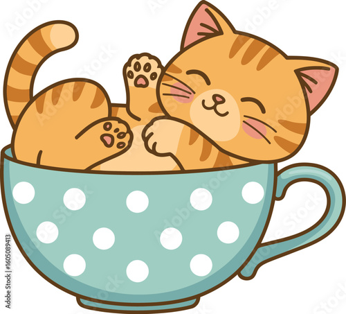 Cute cartoon orange tabby kitten playfully lounging inside a polka dot teacup