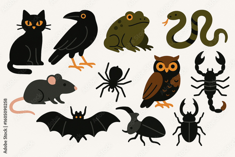 Obraz premium Set of Classic and Unusual Witch Familiar Icons in Halloween Flat Vector Style