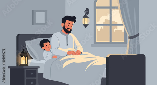 Dad And Son Reading Bedtime Story In The Evening Before Sleep Together