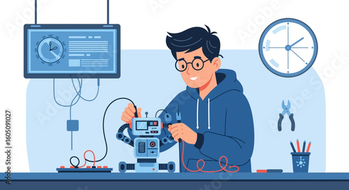 Engineering Student Assembling Robot Engineering Student Working on Robotics Project