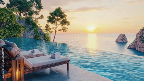 Coastal infinity pool with sun loungers at sunrise.