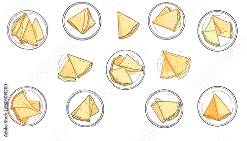 Hand-drawn illustration set of golden crepes. Thin pancakes folded into triangles, some served on plates. Sketchy style breakfast food collection.
