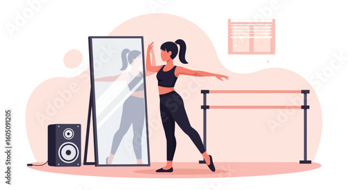 Ballet Position Practicing Reflected In The Mirror With The Musical Accompaniment