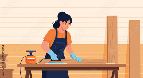 Dedicated Carpenter Woman Smoothing Wood Using Power Sander For Project Craft