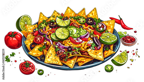 Vibrant illustration of a platter of loaded nachos with fresh toppings like lime, jalape?os, and tomatoes.
