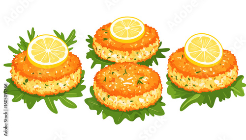 Four golden breaded crab cakes garnished with lemon slices, served on a bed of fresh green arugula leaves.