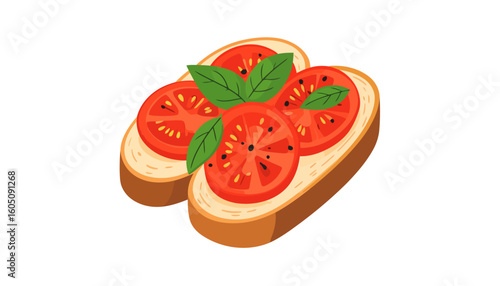 Classic Italian bruschetta toasts with fresh sliced tomato and basil leaves illustration.