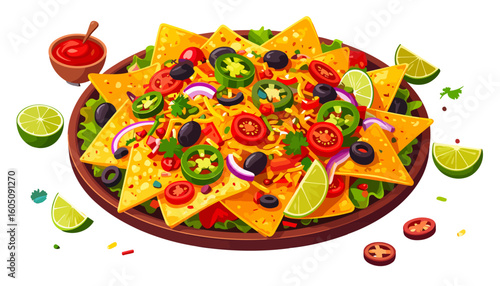 A vibrant platter of loaded nachos with cheese, jalape?os, black olives, tomatoes, and red onion, served with salsa and fresh lime.