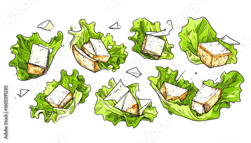 Illustrated set of fried tofu cubes and cheese slices served on fresh green lettuce leaves.