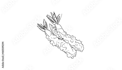 Minimalist black line art of two crispy Japanese shrimp tempura with tails.