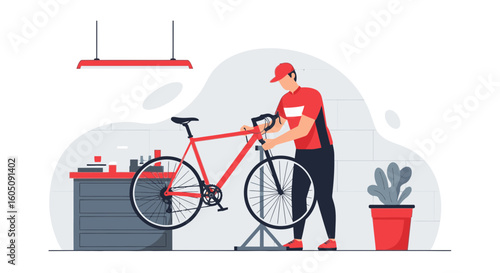 Bicycle Repair Specialist Inspecting a Stylish Road Bike Inside Workshop