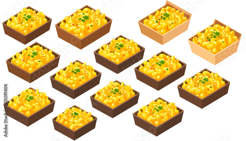 Isometric set of creamy macaroni and cheese portions in rectangular bowls, garnished with fresh green herbs.