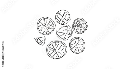 Artistic black and white sketch of scattered citrus fruit slices and a single wedge.
