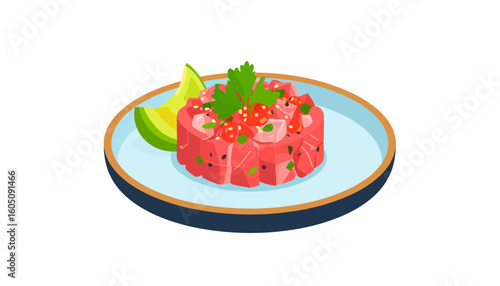 Gourmet tuna tartare appetizer with fresh avocado and parsley garnish on a plate.