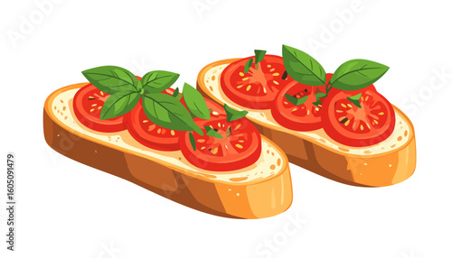 Two classic Italian bruschetta toasts with fresh sliced tomatoes and basil leaves. A delicious appetizer illustration.
