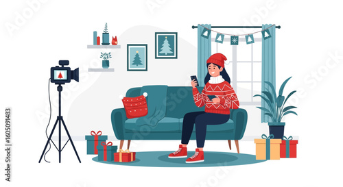 Christmas Vlogger Recording Video Content For Social Media On Holiday At Home